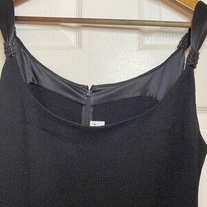 St John Evening Black Santana Knit Scoop Neck Satin Maxi Rhinestone Dress  sz 10